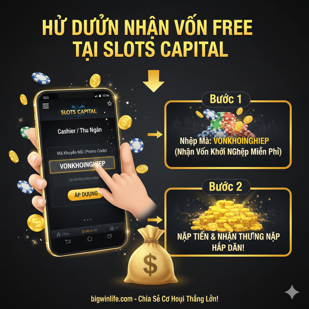 Hình ảnh hướng dẫn cụ thể các bước nhận Vốn Khởi Nghiệp Miễn Phí và Thưởng Nạp, tập trung vào việc nhập mã khuyến mãi trong giao diện Cashier.