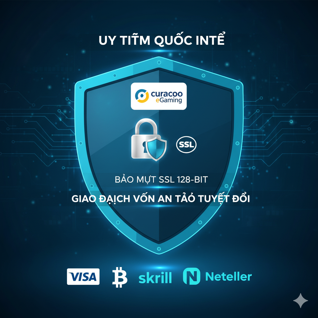 Hình ảnh về ưu thế bảo mật, nổi bật các yếu tố như Curacao eGaming, SSL 128-bit, và các biểu tượng thanh toán an toàn (Visa, Bitcoin) để tăng độ tin cậy.