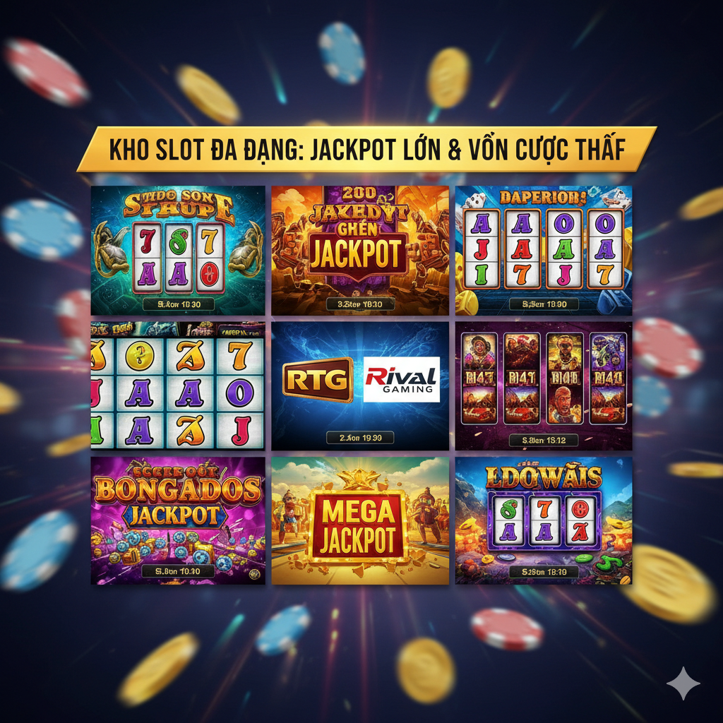 Hình ảnh cần thể hiện sự đa dạng của các trò chơi Slot tại Slots Capital Casino, bao gồm cả các loại hình phổ biến như Classic và Video Slot, cùng với logo của các nhà cung cấp chính là RTG và Rival Gaming.