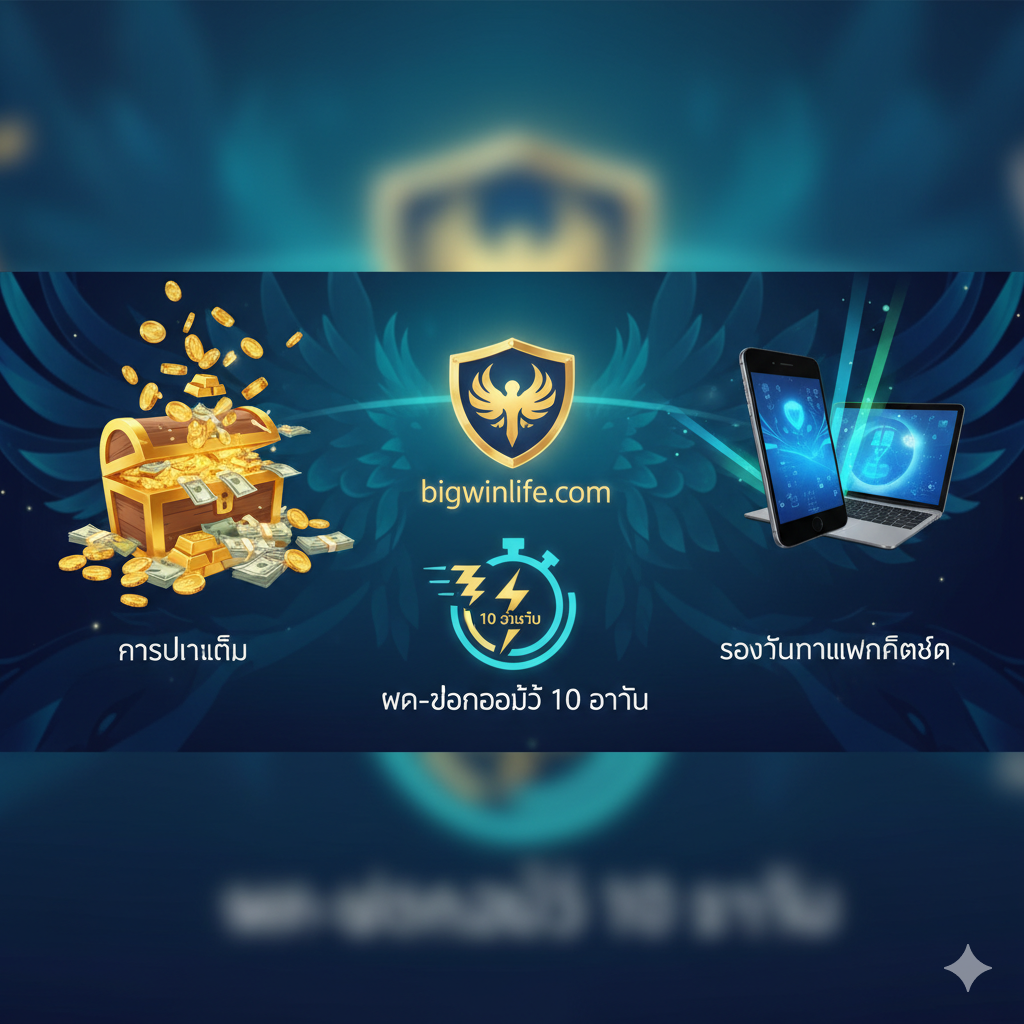 ภาพเน้นย้ำถึงข้อดีของการเล่นที่ bigwinlife.com ใช้โลโก้ของ bigwinlife.com ที่ดูน่าเชื่อถือ ภาพประกอบด้วยองค์ประกอบ 3 อย่างหลัก เช่น เหรียญทองหรือธนบัตรจำนวนมาก (สื่อถึงการจ่ายเต็ม), สัญลักษณ์โทรศัพท์มือถือ/คอมพิวเตอร์ (สื่อถึงการรองรับทุกแพลตฟอร์ม), และ นาฬิกาจับเวลา/ไอคอนฟ้าผ่า (สื่อถึงระบบฝาก-ถอนออโต้ 10 วินาที) โทนสีน้ำเงิน/เขียวของเว็บไซต์ผสมกับสีทองของรางวัล