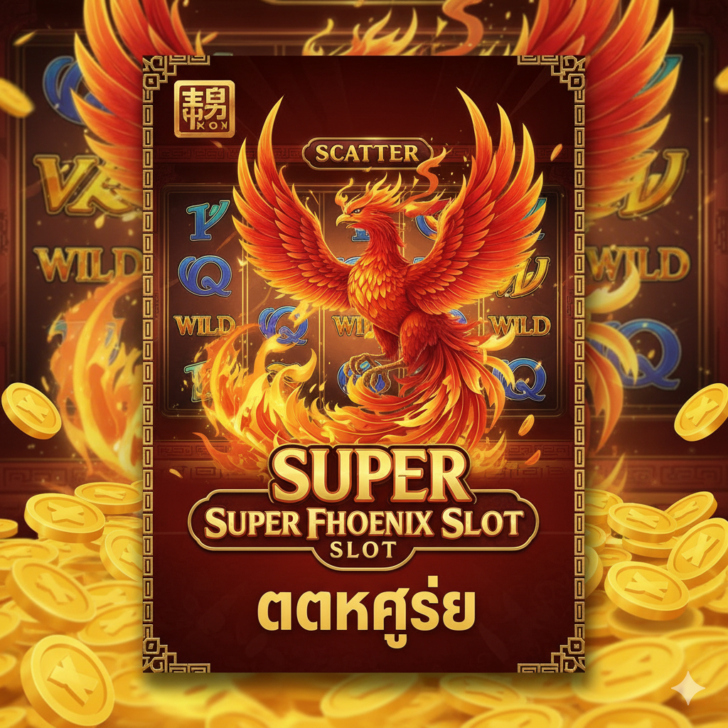 ภาพหน้าปกเกม Super Phoenix Slot ที่ดึงดูดสายตาอย่างแรงกล้า สไตล์กราฟิกแบบเอเชีย/จีนผสมผสานความหรูหรา ใช้โทนสีแดงเพลิงและสีทองเป็นหลัก ตัวเอกคือนกฟีนิกซ์สีแดงทองตัวใหญ่ กำลังโผบินขึ้นจากกองไฟหรือเหรียญทองคำ ด้านหลังเป็นฉากหลังของวงล้อสล็อตที่มีสัญลักษณ์ Scatter หรือ Wilds ปรากฏอย่างเด่นชัด มีโลโก้ 'Super Phoenix Slot' และข้อความเน้นย้ำว่า 'แตกง่าย' อยู่ในตำแหน่งที่โดดเด่น