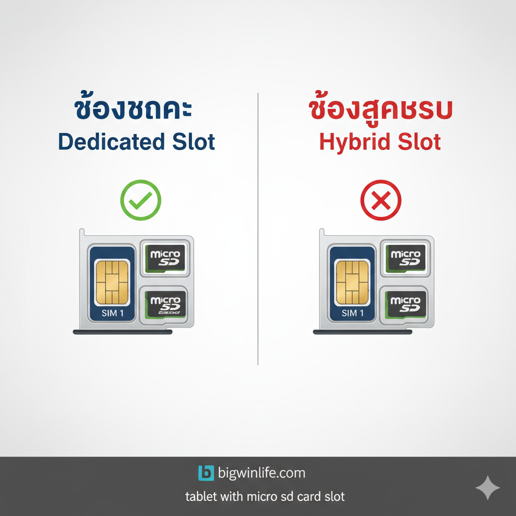 ภาพอินโฟกราฟิกแบบเปรียบเทียบที่สะอาดตาและชัดเจน แสดงการเปรียบเทียบระหว่างช่องใส่การ์ดแบบ 'Dedicated Slot' และ 'Hybrid Slot' โดยใช้การจัดองค์ประกอบแบบ 2 คอลัมน์ ด้านหนึ่งแสดงถาดใส่การ์ดที่มีทั้ง SIM 1, SIM 2 และ Micro SD Card (Dedicated) อีกด้านหนึ่งแสดงถาดใส่การ์ดที่ต้องเลือกระหว่าง SIM 2 หรือ Micro SD Card (Hybrid) ใช้ไอคอน 'ถูก' สีเขียวและ 'ผิด' สีแดงเพื่อเน้นความแตกต่าง และมีข้อความสั้นๆ เป็นภาษาไทยกำกับ 'ช่องเฉพาะ' และ 'ช่องลูกผสม' เพื่อเน้นเนื้อหาในส่วนที่ 1.1