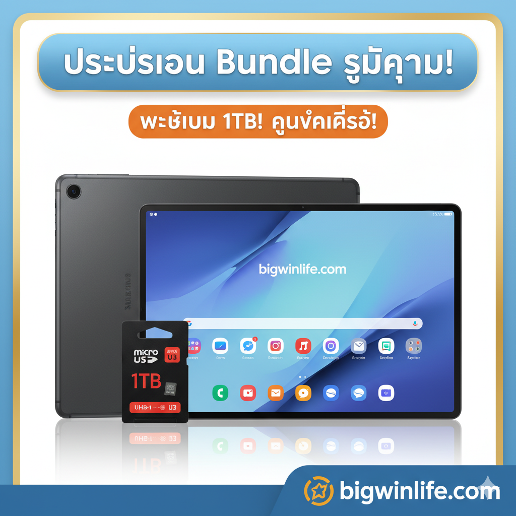 ภาพสำหรับส่วนสรุปและ CTA ของ bigwinlife.com เน้นการจัดองค์ประกอบแบบ 'Bundle Deal' แสดงแท็บเล็ตที่ดูพรีเมียม (เช่น Samsung Tab S series) วางอยู่ข้างกล่อง Micro SD Card ความเร็วสูง (UHS-I U3) พร้อมตัวเลข '1TB' ที่เด่นชัด มีป้ายหรือแบนเนอร์ข้อความภาษาไทยว่า 'โปรโมชั่น Bundle พิเศษ!' หรือ 'พร้อมเมม 1TB! คุ้มค่าที่สุด!' เพื่อกระตุ้นการตัดสินใจซื้อ ภาพควรมีโลโก้หรือสีสันของ bigwinlife.com ที่เป็นมิตรและน่าเชื่อถือ เน้นการจัดแสงที่สว่างและดูดึงดูดใจ