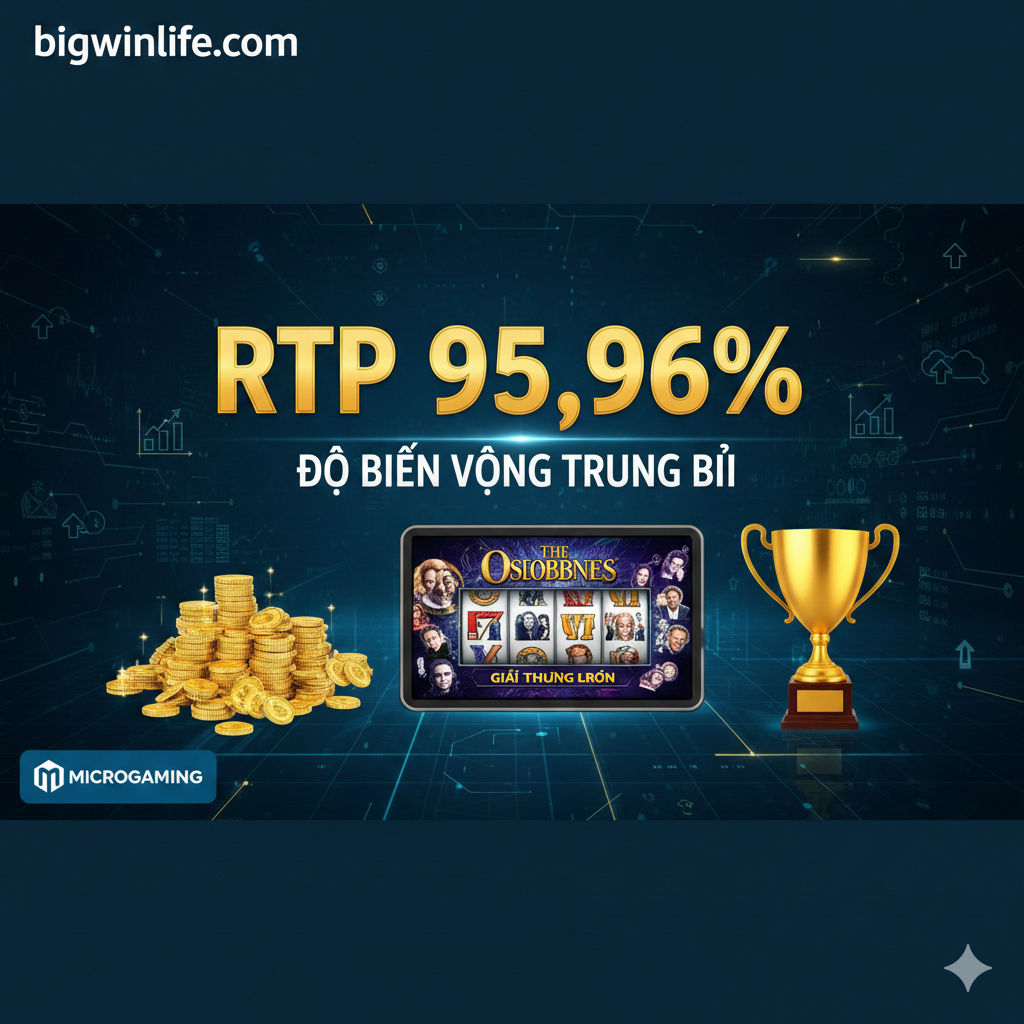 一张展示游戏优势和数据的图表。画面中心突出显示“RTP 95.96%”和“Độ Biến Động Trung Bình”，使用大号、醒 mục 3 số và văn bản. Xung quanh có thể kèm theo hình ảnh tiền vàng, cúp hoặc giải thưởng lớn, ngụ ý về khả năng sinh lời và sự cân bằng. Bố cục phải chuyên nghiệp, đáng tin cậy và kèm theo Logo của Microgaming để tăng tính xác thực. Mục đích là để làm nổi bật những quan điểm của phần “4. Phân Tích RTP, Độ Biến Động và Tiềm Năng Thắng”, mang lại cảm giác tin cậy cho người đọc.
