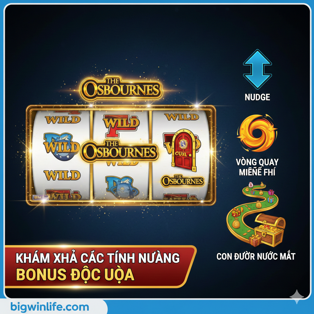突出游戏中的三大Bonus功能：Nudge、Free Spins和Trail of Tears Bonus。画面中心是老虎机界面，有高亮显示的Wild符号（Logo The Osbournes）和Scatter符号（Cửa - Doors）。旁边用三个小图标或图示分别代表这三个功能：一个向上或向下的箭头表示Nudge，一个旋转的符号表示Free Spins，和一条带有钱袋或奖品的路径表示Trail of Tears。色彩鲜明，强调功能被触发时的兴奋感，旨在引导用户关注“3. Khám Phá Các Tính Năng Bonus Độc Đáo”部分。