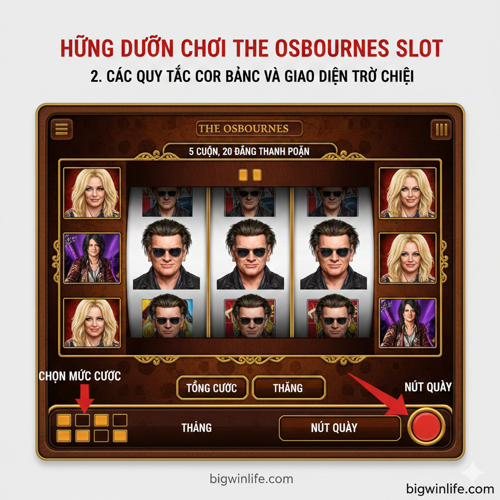一张简洁明了的教程图,展示游戏的基本操作界面。重点突出“Chọn Mức Cược” (Bet Selection) và “Nút Quay” (Spin Button) 的位置,可以用箭头或圆圈标注。背景是老虎机的卷轴,显示典型的获胜组合(例如三个Ozzy符号连成线)。画面应包含“5 Cuộn, 20 Dòng Thanh Toán”的简要说明。风格应清晰、实用,帮助玩家理解“2. Các Quy Tắc Cơ Bản và Giao Diện Trò Chơi”和“5. Chiến Lược Đặt Cược Hiệu Quả”部分。