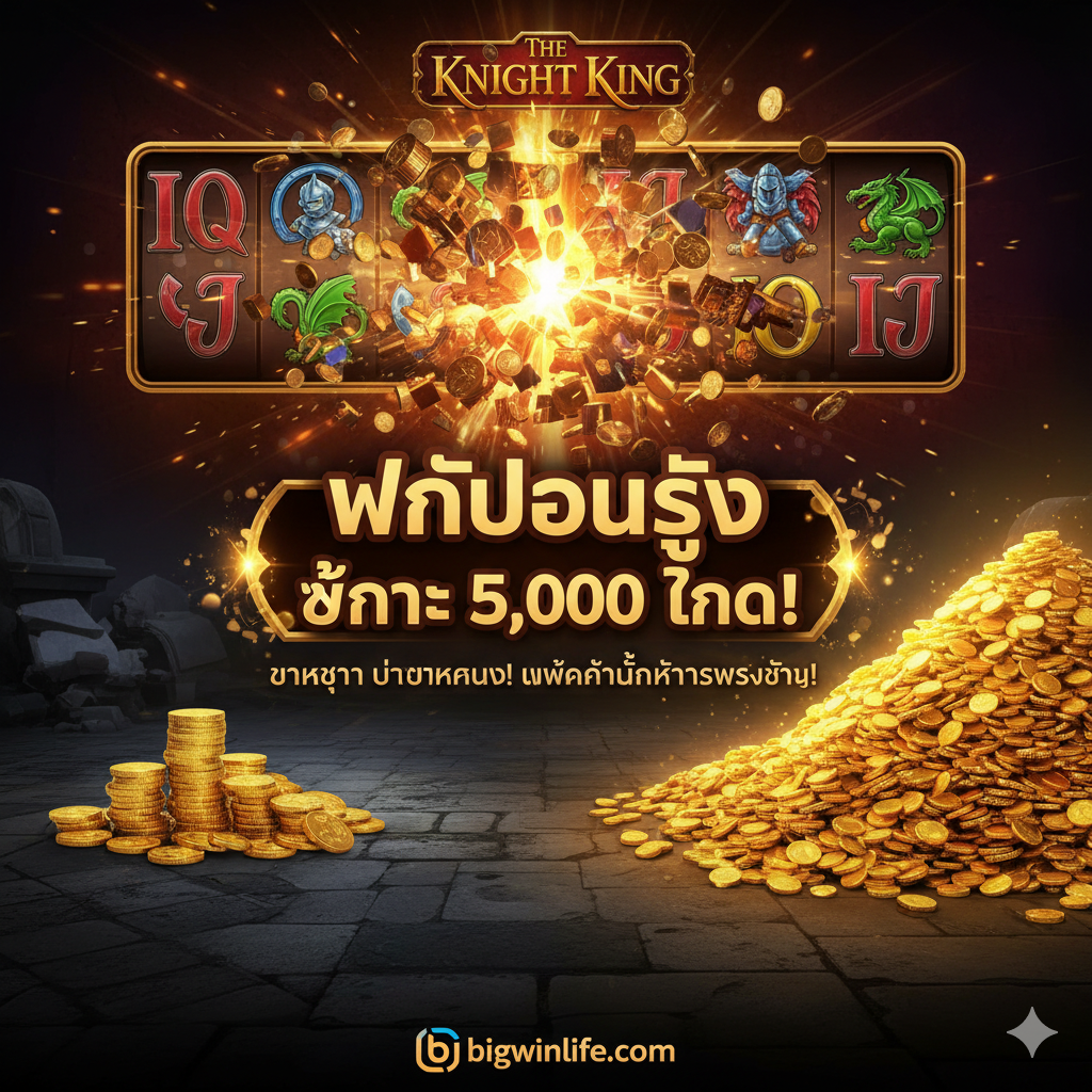 ภาพที่สื่อถึงข้อได้เปรียบหลักของเกมคือความผันผวนสูง (High Volatility). นำเสนอภาพเชิงเปรียบเทียบระหว่างเหรียญทองกองเล็กๆ กับเหรียญทองกองมหึมาที่อยู่ภายใต้แสงสว่างจ้า. มีฉากหลังเป็นรีลสล็อตที่เพิ่ง 'แตก' อย่างรุนแรง พร้อมแสงและเอฟเฟกต์ประกายไฟ. เน้นข้อความ 'High Volatility' หรือ 'Win 5,000X' เพื่อสื่อสารว่าเกมนี้ 'แตกยากแต่แตกหนัก' เหมาะสำหรับนักล่ารางวัลใหญ่.