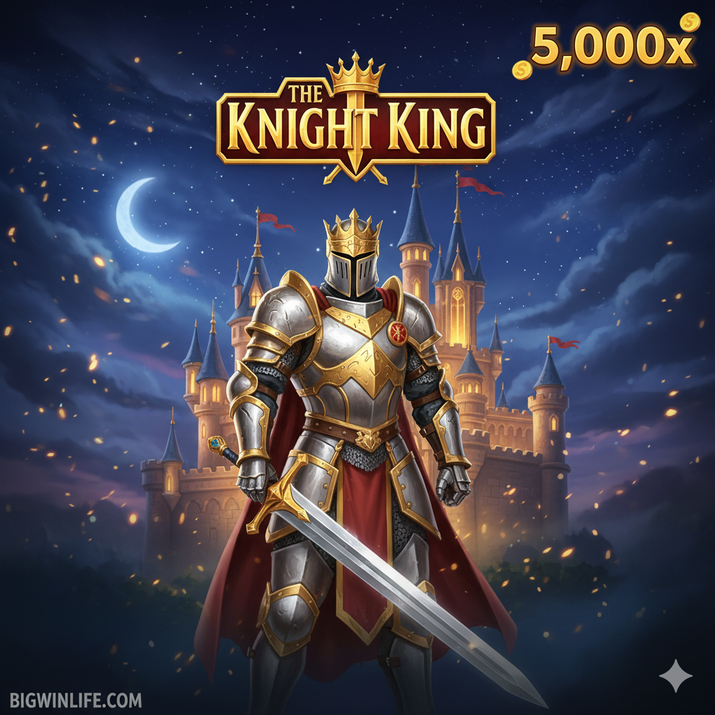 ภาพหน้าปกเกม The Knight King Slot ที่ดึงดูดสายตาอย่างแรง. เน้นองค์ประกอบของอัศวินผู้ยิ่งใหญ่สวมชุดเกราะเต็มยศถือดาบใหญ่ยืนอยู่หน้าปราสาทสีทองอร่ามภายใต้ท้องฟ้ายามค่ำคืนที่ส่องแสง. มีโลโก้เกม 'The Knight King' ชัดเจน. โทนสีเน้นสีน้ำเงินเข้ม, สีทอง, และสีแดง เพื่อสื่อถึงความสง่างามและความผันผวนสูง (High Volatility). ควรมีตัวเลข '5,000x' ที่เน้นการชนะสูงสุดเด่นชัดอยู่มุมใดมุมหนึ่ง.