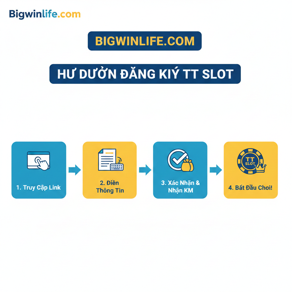 Một hướng dẫn rõ ràng, sử dụng phong cách đồ họa thông tin, với các yếu tố trực quan bằng tiếng Việt. Hình ảnh trình bày 3 bước 'Đăng Ký' (Đăng ký), 'Nạp Tiền' (Tiền gửi) và 'Quay Hũ' (Quay) dưới dạng sơ đồ quy trình hoặc các ô được đánh số. Mỗi bước được đi kèm với các biểu tượng đơn giản (ví dụ: chân dung + dấu cộng, thẻ ngân hàng/tiền xu, nút máy đánh bạc). Bố cục tổng thể đơn giản, đường nét mượt mà, sử dụng màu sắc tương phản để phân biệt các bước, đảm bảo người dùng có thể hiểu rõ quy trình tham gia TT Slot.