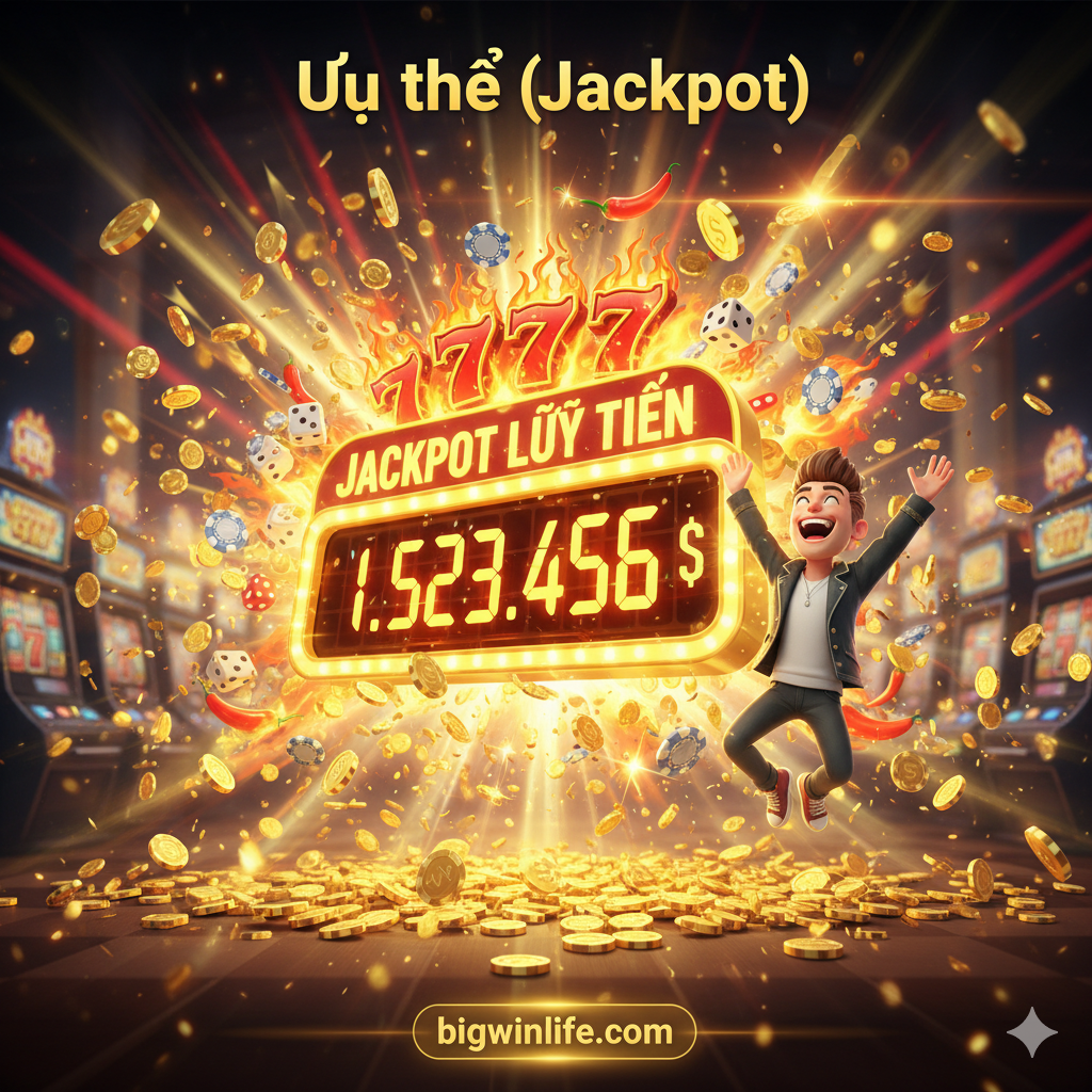 Hình ảnh thể hiện lợi thế của việc săn tìm 'Hot Slot' online: Nổ Jackpot. Trung tâm là một biểu tượng Jackpot lũy tiến khổng lồ, sáng chói, có thể là một Jackpot Progressive với số tiền rất lớn đang nhảy số (ví dụ: $1,000,000+). Xung quanh là những đồng xu vàng (coins) đang rơi xuống như mưa, tượng trưng cho sự giàu có và chiến thắng lớn. Một nhân vật hoạt hình hoặc người chơi đang nhảy mừng chiến thắng với biểu cảm cực kỳ phấn khích. Phong cách đồ họa 3D mạnh mẽ, ánh sáng chói lòa, nhấn mạnh sự kịch tính của việc thắng lớn.