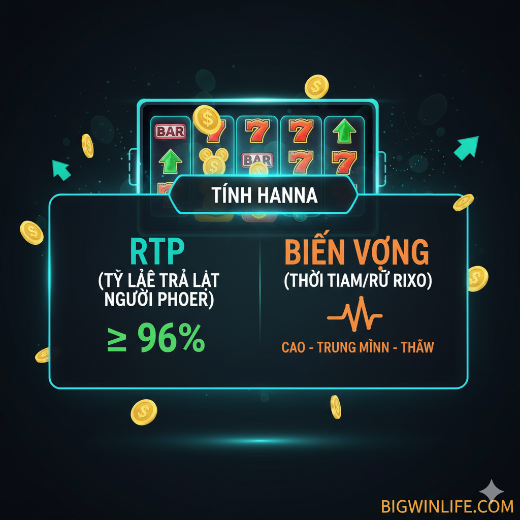 Minh họa cho phần phân tích chuyên sâu về RTP và Volatility. Hình ảnh theo phong cách đồ họa thông tin (infographic) hoặc hiển thị giao diện game slot online. Ở trung tâm là một biểu đồ hoặc bảng số liệu ảo, làm nổi bật hai chỉ số RTP (Return to Player) và Volatility bằng màu sắc tương phản (ví dụ: RTP màu xanh lá cây, Volatility màu cam). Một máy tính hoặc màn hình game Slot đang hiển thị các con số $ge 96%$. Phong cách hiện đại, sử dụng các biểu tượng tiền xu vàng và mũi tên hướng lên, đại diện cho việc tối đa hóa lợi nhuận và dữ liệu minh bạch trong Slot Online.