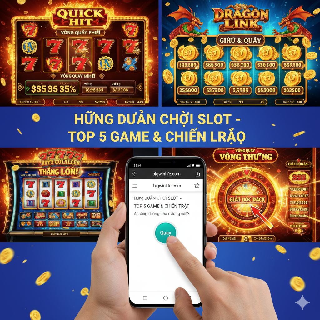 Minh họa cho phần giới thiệu 'Top 5 Game', tập trung vào trải nghiệm chơi game. Hình ảnh ghép (collage) từ màn hình chơi của 3-4 game Slot kiểu Vegas nổi tiếng được liệt kê (ví dụ: Quick Hit, Dragon Link, 777 cổ điển), mỗi game chiếm một ô. Các màn hình này phải hiển thị các tính năng nổi bật như 'Hold & Spin', 'Free Spins' hoặc 'Wheel Bonus' đang được kích hoạt. Tay người chơi đang nhấn nút 'Spin' trên giao diện di động (smartphone hoặc tablet) với nền là giao diện website bigwinlife.com. Màu sắc tươi sáng, năng động, tạo cảm giác hành động và hướng dẫn trực quan.