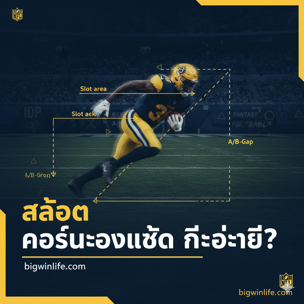 ภาพปกบทความสไตล์กราฟิกที่ดึงดูดสายตา โทนสีเข้มน้ำเงิน/ดำตัดกับสีสว่าง (เช่น เหลือง/ทอง) ของ Bigwinlife.com ตรงกลางภาพมีภาพเคลื่อนไหว (Motion Blur) ของนักอเมริกันฟุตบอลตำแหน่ง Slot Cornerback กำลังเข้าปะทะหรือวิ่งประกบตัวรับ (Slot Receiver) ในสนามหญ้า มีเส้นลูกศรหรือกราฟิกที่แสดงถึง 'พื้นที่ Slot' หรือ 'การวิ่งในช่อง A/B-Gap' เพื่อเน้นย้ำตำแหน่งของ Nickelback มีโลโก้ NFL หรือองค์ประกอบเกี่ยวกับ Fantasy Football IDP เล็กน้อย ภาพสื่อถึงความเร็ว ความสำคัญ และการเป็น 'ตัวเปลี่ยนเกม'
