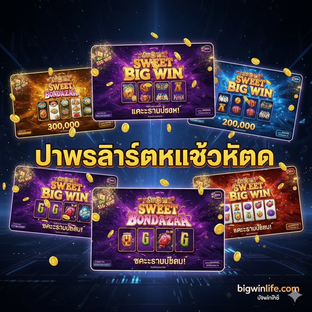 一张充满活力和兴奋感的封面图,展示“pictures of winning slot machines”的主题。图片采用拼贴画风格,多张不同的老虎机“BIG WIN”(大赢)截图浮现在深色、充满科技感的背景上。这些截图来自不同的游戏(如Sweet Bonanza, Mahjong Ways),显示巨额奖金数字和“แจ็คพอตแตก” (Jackpot Hit)字样。金币和闪亮的光粒子从截图中爆发出来,营造出一种庆祝和财富的感觉。bigwinlife.com的logo巧妙地放在角落,色彩以金色、紫色和电光蓝为主。