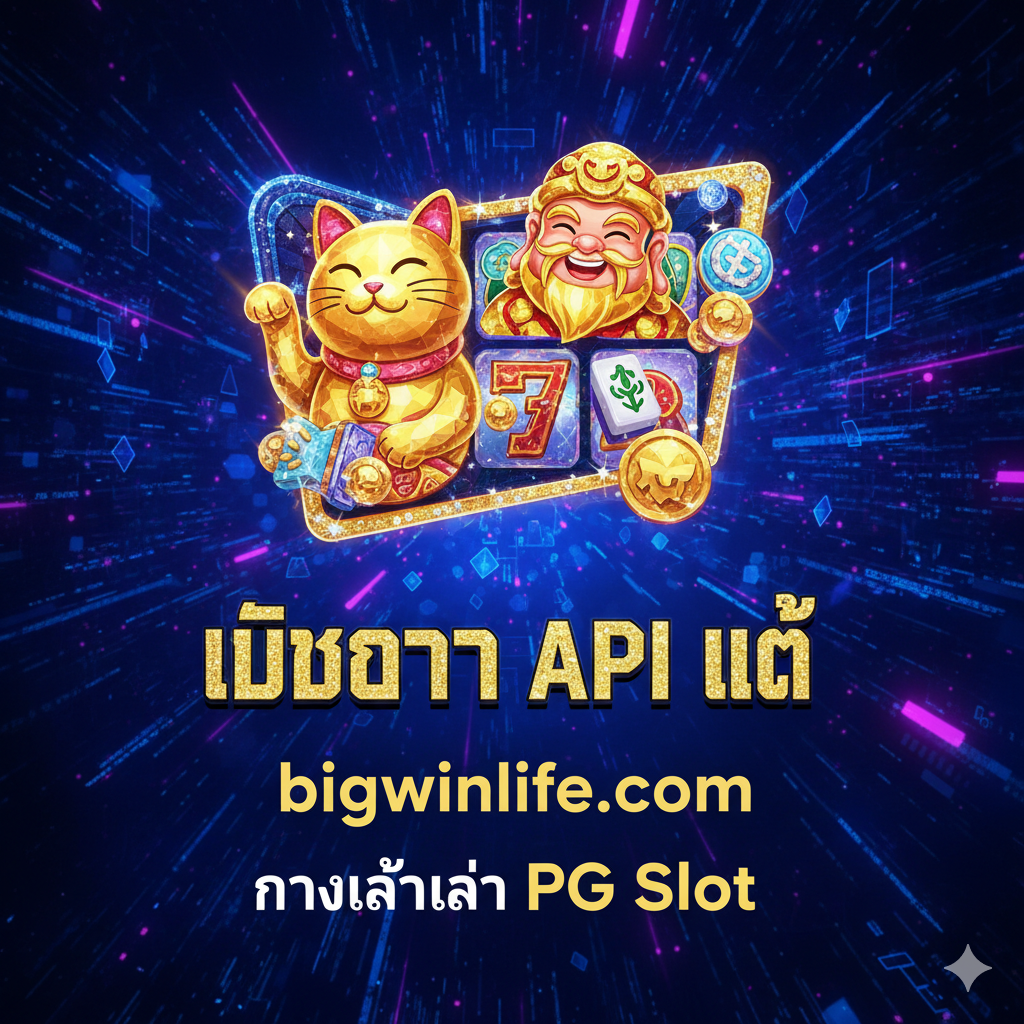 ออกแบบบานเนอร์เว็บไซต์ที่ดึงดูดสายตาสำหรับ 'wwwpg slot ทางเข้าเล่น PG Slot เว็บตรง API แท้' โดยมีสัญลักษณ์สล็อต PG Soft สีทองหรือเพชรขนาดใหญ่ (เช่น แมว เทพเจ้าไช่เซิน หรือไพ่นกกระจอก) บนพื้นหลังสีน้ำเงินหรือม่วงเข้มพร้อมเอฟเฟกต์แสงและเส้นสายโค้ด ซึ่งเป็นสัญลักษณ์ของการเชื่อมต่อ API และความน่าเชื่อถือทางเทคนิค เน้นคำว่า 'เว็บตรง API แท้' และ 'bigwinlife.com' ด้วยตัวอักษรไทยขนาดใหญ่ สไตล์ควรเป็นแบบพรีเมียม ดิจิทัล และหรูหรา เพื่อดึงดูดผู้เล่นและสร้างความประทับใจแรกที่ปลอดภัย