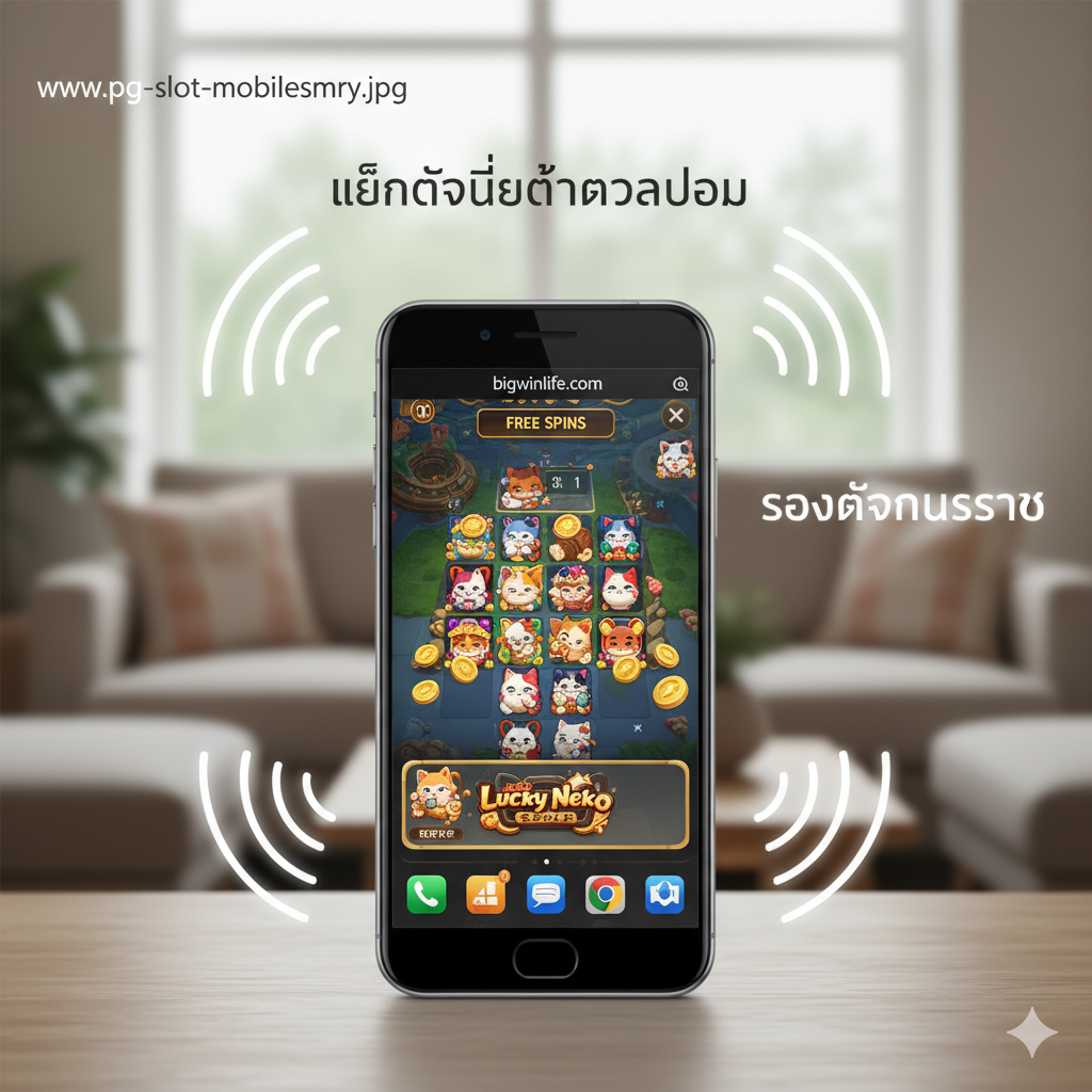 รูปภาพสรุปที่เน้นความสะดวกของ 'ทางเข้า wwwpg slot มือถือ' โดยมีสมาร์ทโฟนที่ทันสมัยอยู่ด้านหน้า แสดงอินเทอร์เฟซเกมที่ลื่นไหลของ bigwinlife.com (เช่น Lucky Neko) รอบๆ มือถือมีสัญลักษณ์ Wi-Fi หรือเส้นโค้งที่สื่อถึง 'เล่นได้ไม่ต้องดาวน์โหลด' และ 'รองรับทุกระบบ' พื้นหลังเป็นสภาพแวดล้อมที่ผ่อนคลาย (เช่น โซฟาหรือร้านกาแฟ) เพื่อสื่อถึงการเล่นได้ทุกที่ทุกเวลา เน้นความคมชัดของหน้าจอมือถือและข้อความภาษาไทยที่กระชับ
