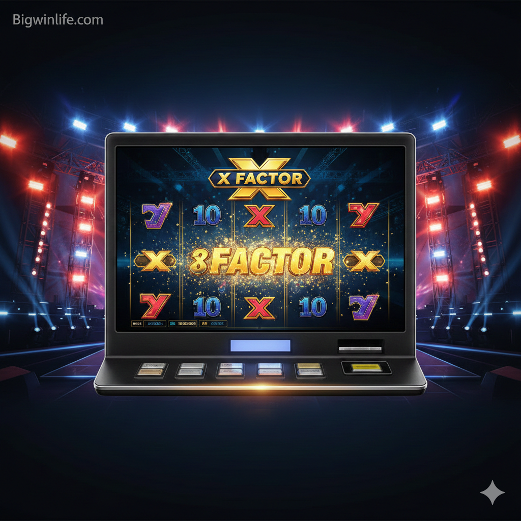 Ảnh bìa chính cho bài viết về X Factor Slot. Hình ảnh nên có logo trò chơi 'X Factor Slot' nổi bật, đặt giữa trung tâm. Phông nền là một sân khấu liveshow ca nhạc lớn, rực rỡ ánh đèn spotlight màu vàng kim và xanh lam, tạo cảm giác sôi động, hào nhoáng của một chương trình truyền hình thực tế. Bên dưới là hình ảnh ma trận cuộn quay slot 5x3 với các biểu tượng đặc trưng như microphone, giám khảo, và logo Wild, thể hiện rõ chủ đề cá cược. Tông màu chủ đạo là đen, vàng gold và xanh điện tử để nhấn mạnh sự sang trọng và tiềm năng 'nổ hũ' lớn. Góc dưới nên có một biểu tượng nhỏ đại diện cho 'bigwinlife.com' hoặc 'Việt Nam' để cá nhân hóa.