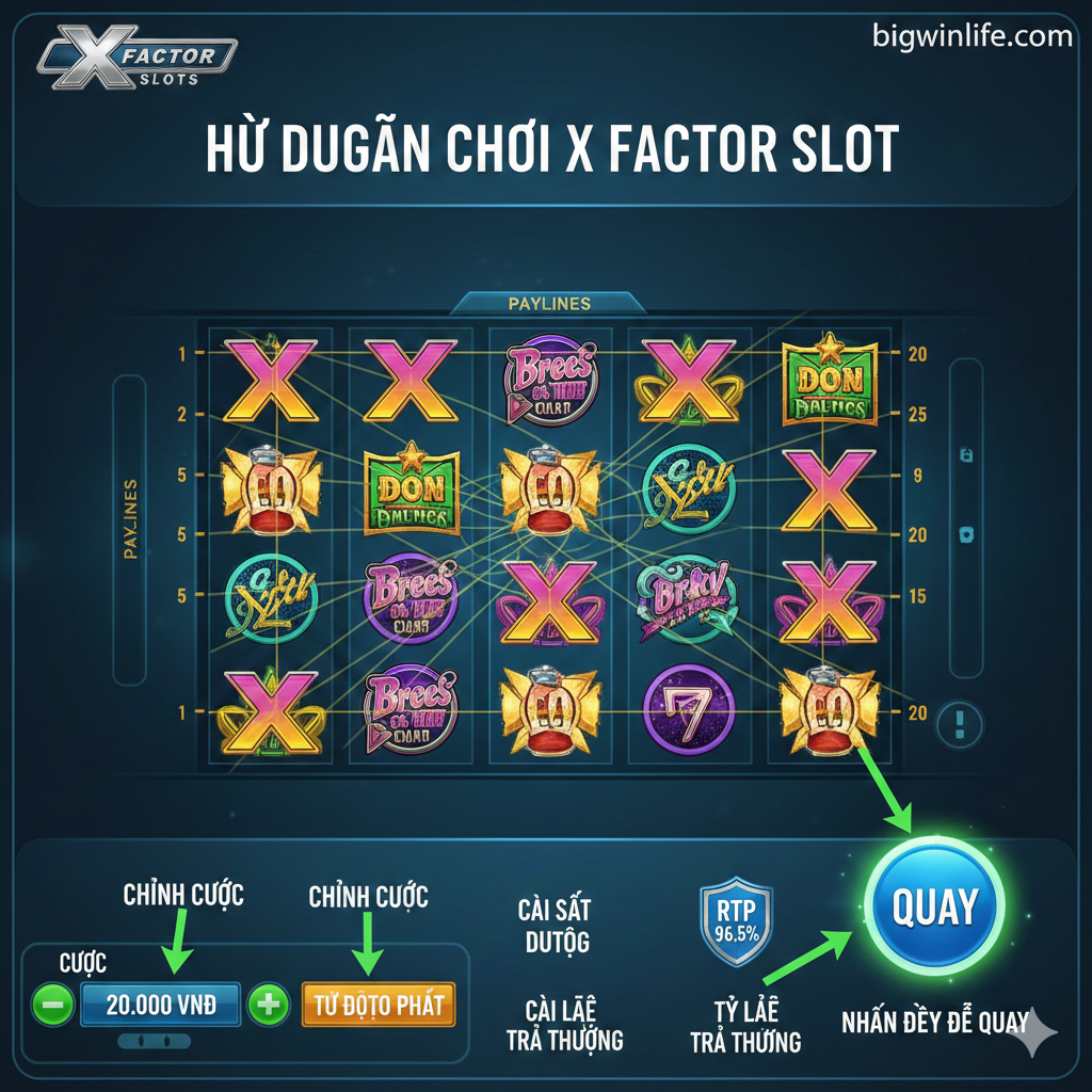 Ảnh minh họa cho phần hướng dẫn luật chơi cơ bản. Ảnh nên là một giao diện trực quan của trò chơi X Factor Slot, với các mũi tên hoặc vùng sáng làm nổi bật các nút thao tác chính: nút 'Spin' lớn, khu vực hiển thị 'Tổng Cược' (Total Bet), và khu vực 'Paylines' (20 dòng thanh toán) được minh họa mờ trên ma trận cuộn quay. Ảnh có bố cục sạch sẽ, dễ nhìn, với các chú thích bằng tiếng Việt (mặc dù chỉ là hình ảnh) để hướng dẫn người mới. Màu sắc trung tính hơn so với ảnh bìa, tập trung vào tính năng sử dụng, giúp người chơi dễ dàng hình dung cách đặt cược và bắt đầu chơi.