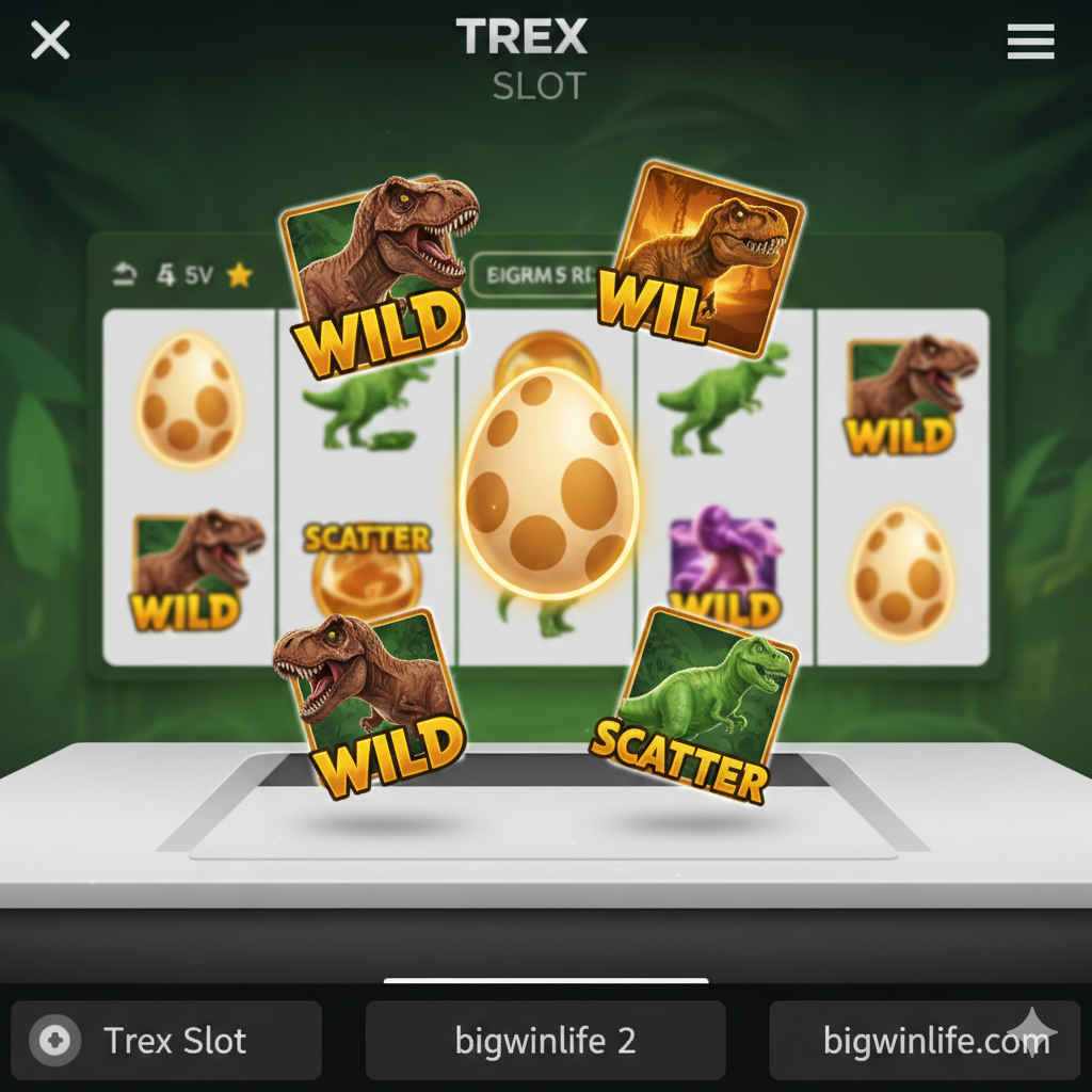 A detailed layout showcasing the key gaming features of Trex Slot. The image displays transparent PNG-style game icons including the T-Rex Wild, the glowing Dinosaur Egg Scatter, and high-value dinosaur symbols. These elements are arranged floating over a clean, modern interface. The color palette uses deep jungle greens and bright amber, emphasizing the premium quality of the graphic assets available on bigwinlife.com.