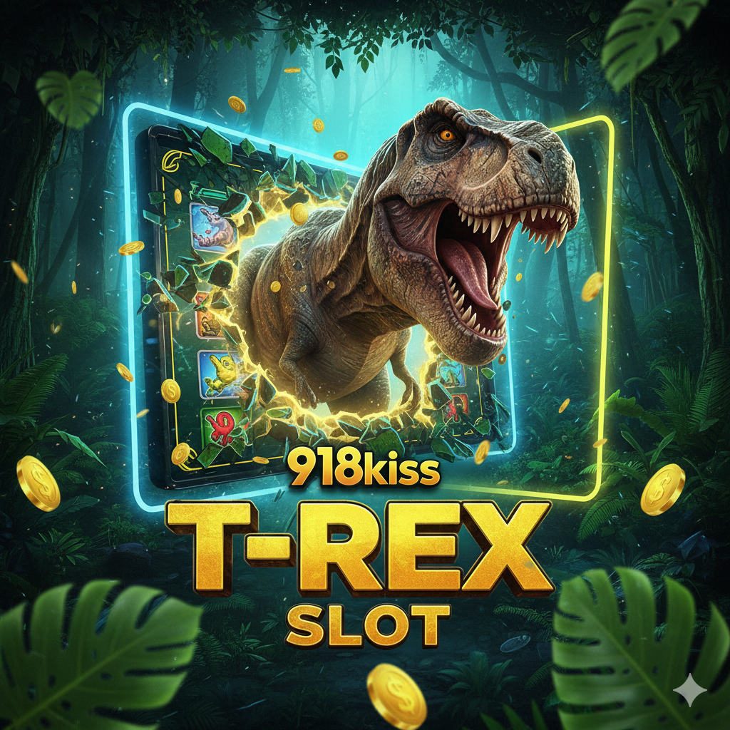 A high-impact cinematic cover featuring a ferocious 3D T-Rex dinosaur breaking through a digital slot machine screen. The scene is set in a lush prehistoric jungle with glowing neon accents. The 918kiss logo and 'T-Rex Slot' text are prominently displayed in a bold, gold, and stone-textured font. Vibrant green and gold lighting creates a high-stakes gambling atmosphere, with flying gold coins and tropical leaves in the foreground to create depth.