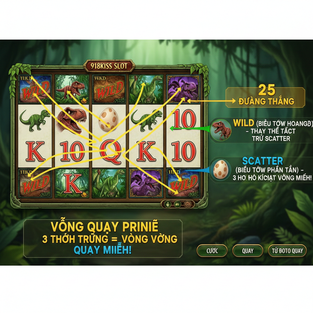 An instructional graphic showing a 5x3 slot machine grid with highlighted winning paylines. A friendly UI overlay points to the Wild and Scatter symbols, explaining their functions with subtle Vietnamese text prompts. The style is a clean tutorial aesthetic with a soft focus jungle background, helping users understand the 25-payline system and how to trigger free spins through the egg symbols.