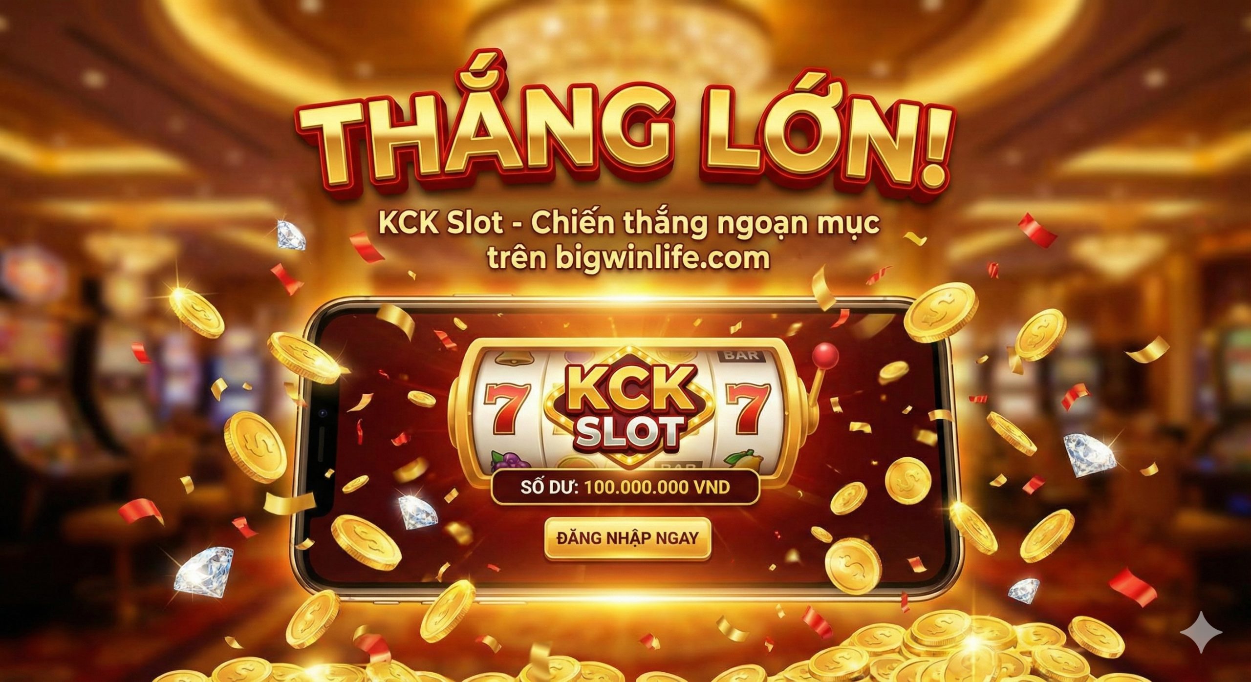 A vibrant and energetic summary image depicting the result of a successful login: a massive jackpot win. Gold coins, diamonds, and confetti explode outward from a device screen displaying the KCK Slot game lobby. The text 'Big Win' is stylized in 3D gold lettering. The overall color palette is rich gold and warm red, creating a sense of excitement, wealth, and motivation for the user to click the link and play.