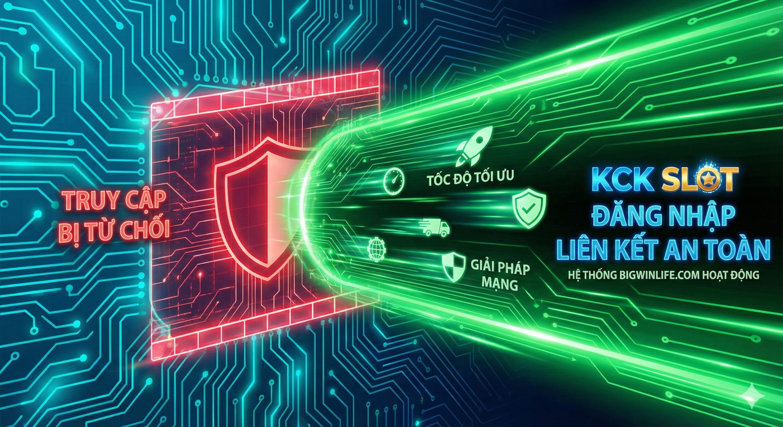 A conceptual technology graphic illustrating the solution to network blocks. The image depicts a glowing green digital tunnel bypassing a red 'Access Denied' wall or firewall. Icons representing seamless connectivity (like a rocket or a shield) travel through the tunnel towards the KCK Slot logo. The visual style is cyber-tech with circuit board patterns in blue and cyan, emphasizing speed and the effectiveness of the 1.1.1.1 or DNS fix.