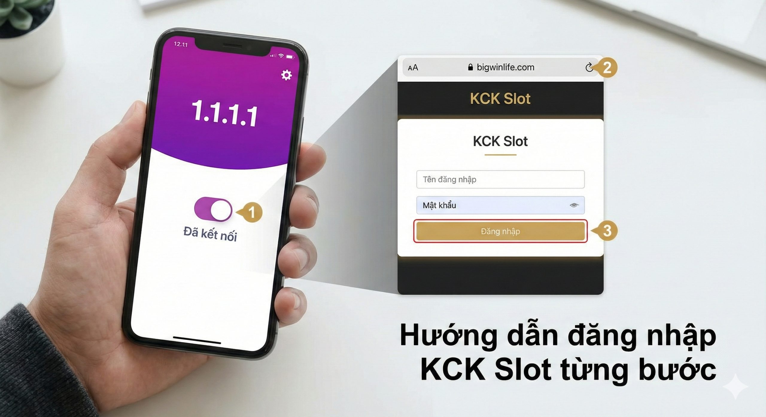 A clean, instructional graphic showing a user's perspective. It features a close-up of a hand holding a mobile phone running the '1.1.1.1' app with the toggle switch turned to 'Connected'. Next to it, a semi-transparent overlay shows the KCK Slot login form being filled out successfully. Numbered markers (1, 2, 3) are subtly placed to indicate a sequence, making the tutorial easy to follow visually. The lighting is bright and inviting.